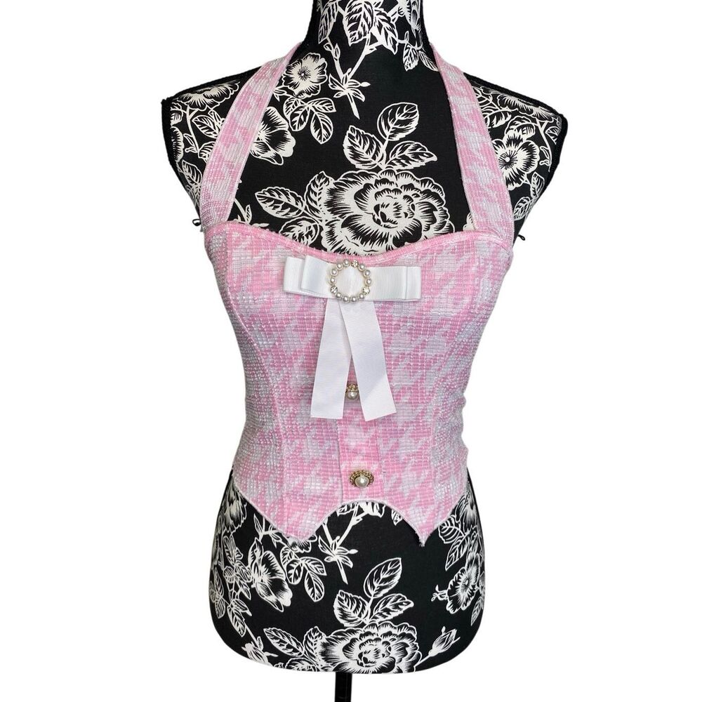 Shein Pink Tweed Corset Halter Top Pearl Bow Detail XS Cropped Tank Coquette